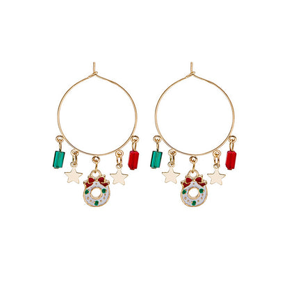 Red Enamel and 18K Gold-Plated Star and Wreath Hoop Earrings, gold drop earrings for women, front view