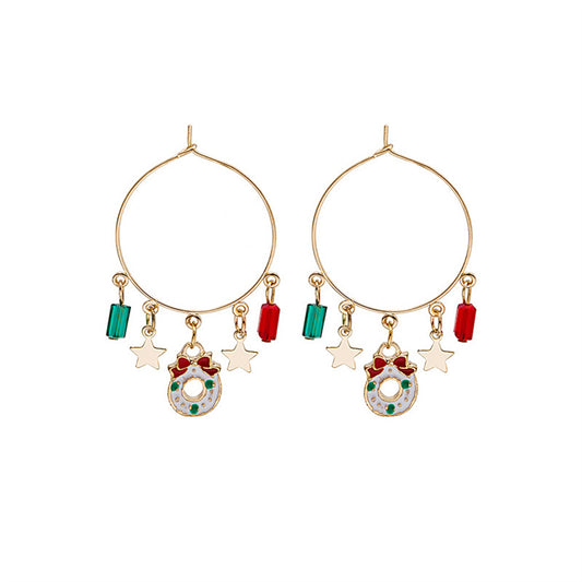 Red Enamel and 18K Gold-Plated Star and Wreath Hoop Earrings, gold drop earrings for women, front view