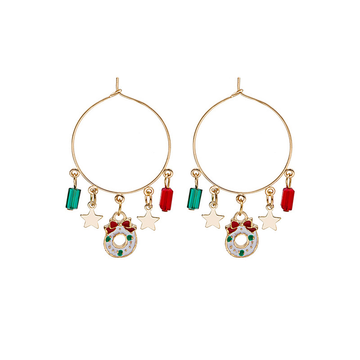 Red Enamel & 18K Gold-Plated Star & Wreath Hoop Earrings