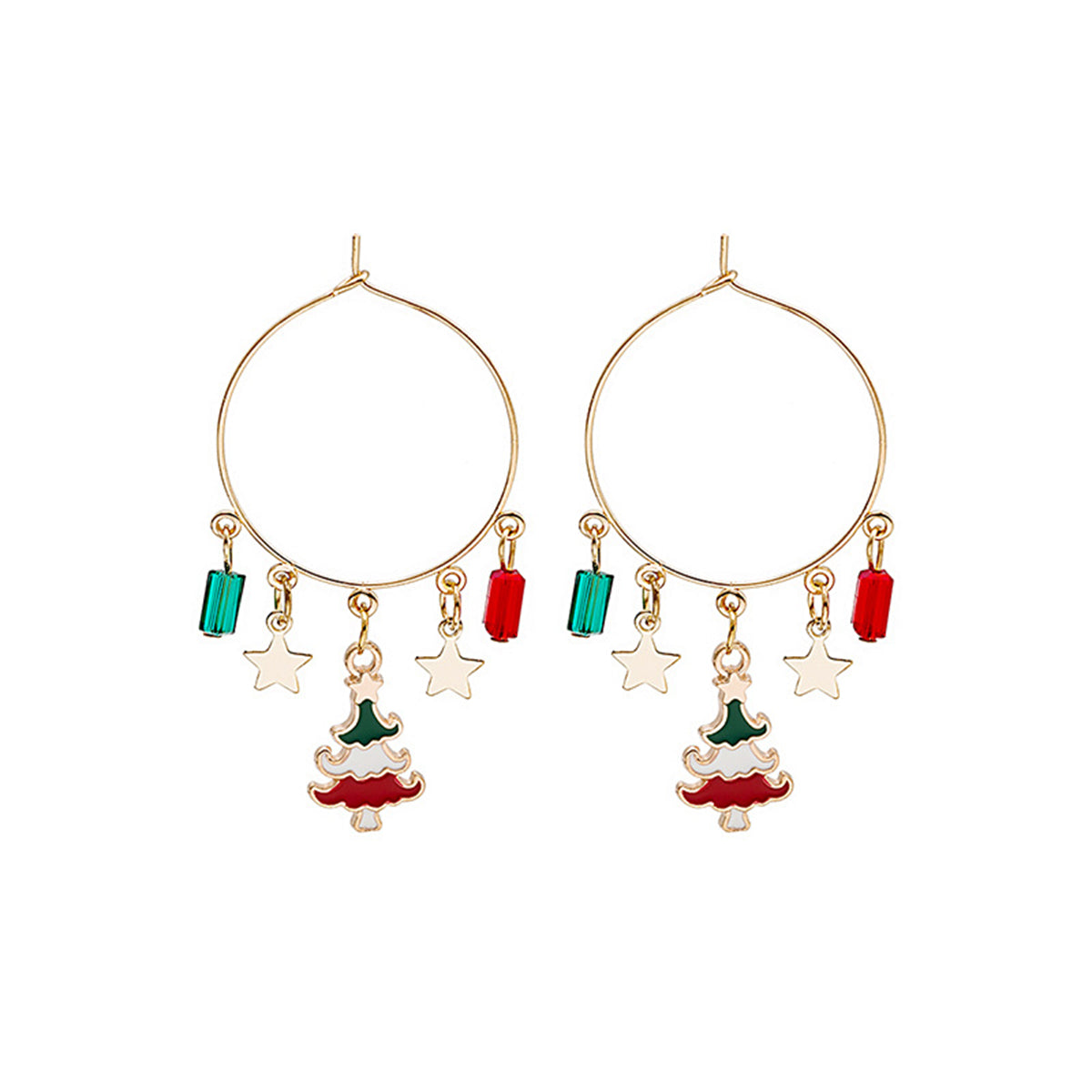 Red Enamel and 18K Gold-Plated Star and Tree Hoop Earrings, gold drop earrings for women, botanical inspired, front view