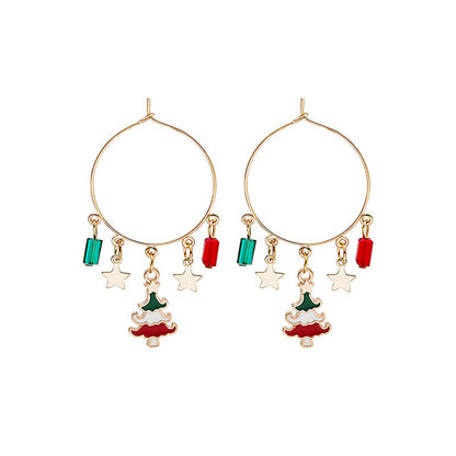 Red Enamel and 18K Gold-Plated Star and Tree Hoop Earrings, gold drop earrings for women, botanical inspired, front view