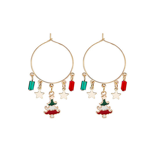 Red Enamel and 18K Gold-Plated Star and Tree Hoop Earrings, gold drop earrings for women, botanical inspired, front view