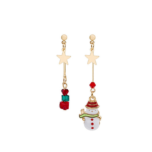 Red Enamel and 18K Gold-Plated Star and Snowman Mismatched Drop Earrings, gold drop earrings for women, front view
