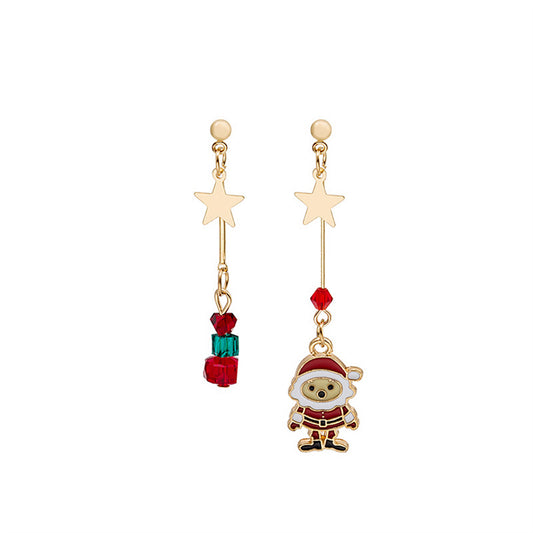Red Enamel and 18K Gold-Plated Star and Santa Mismatched Drop Earrings, gold drop earrings for women, front view