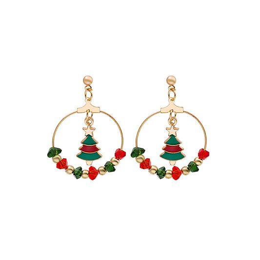 Red Enamel and Acrylic 18K Gold-Plated Christmas Tree Drop Earrings, gold drop earrings for women, everyday style, front view