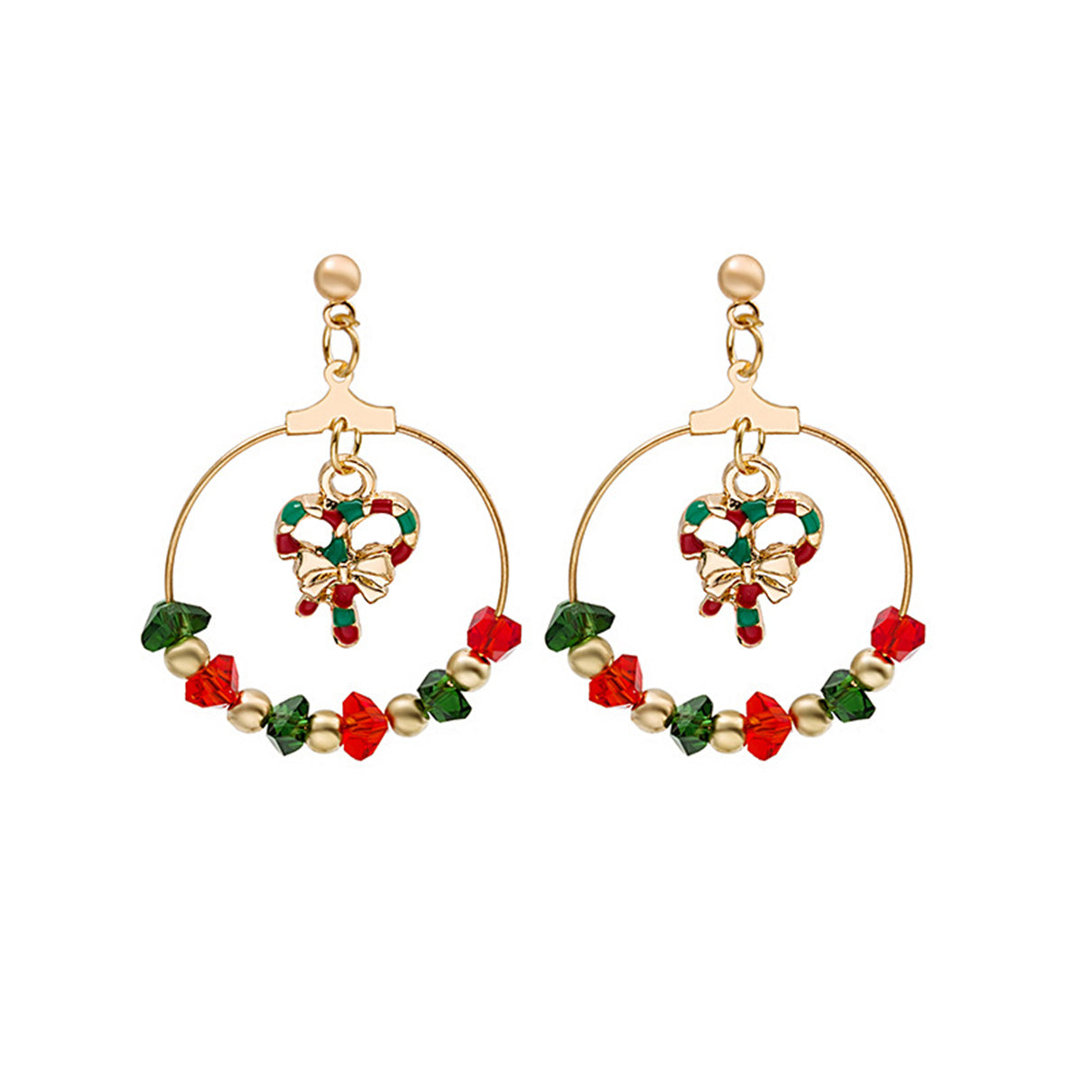 Red Enamel and Acrylic 18K Gold-Plated Candy Cane Drop Earrings, gold drop earrings for women, front view