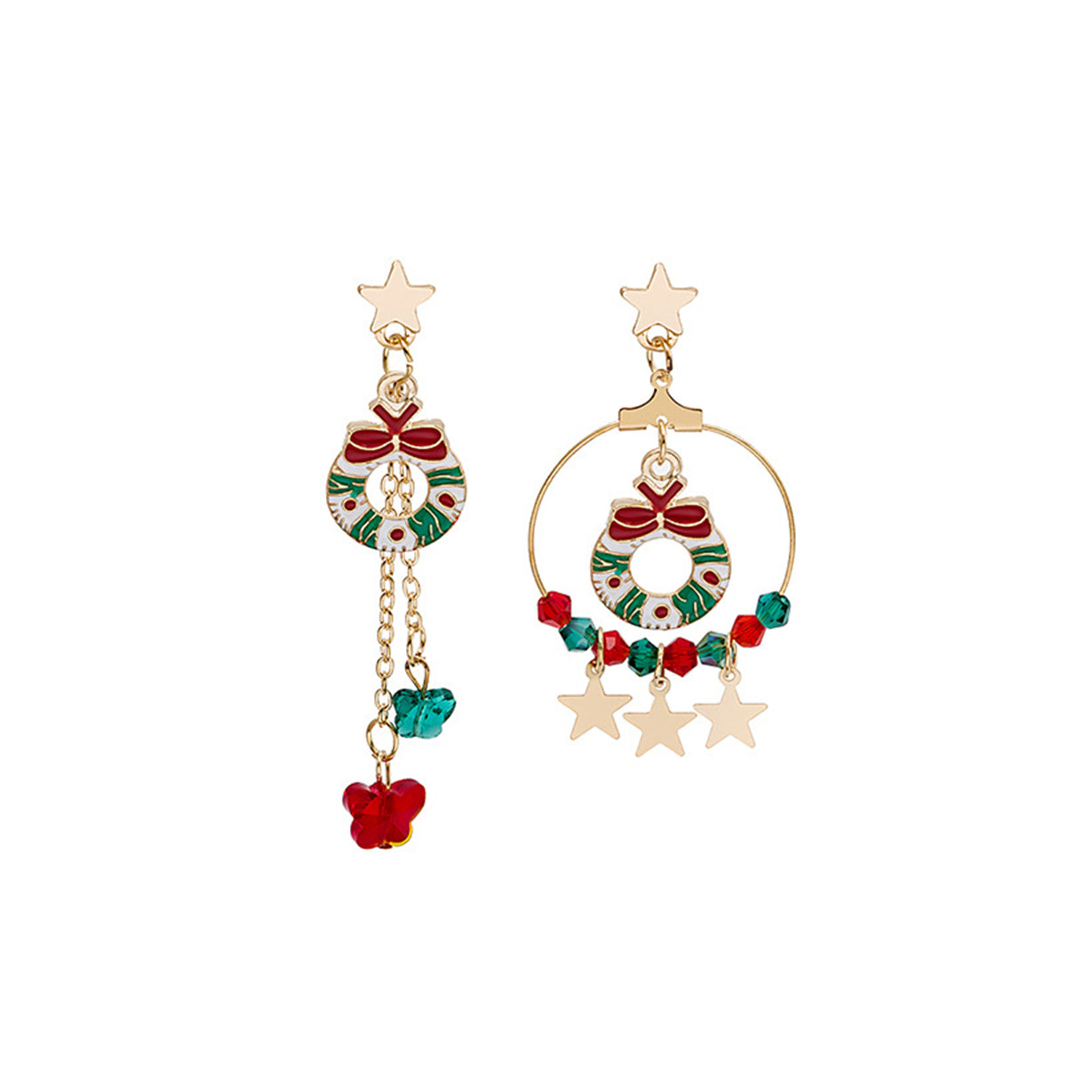 Red Acrylic & 18K Gold-Plated Star & Wreath Mismatched Drop Earrings
