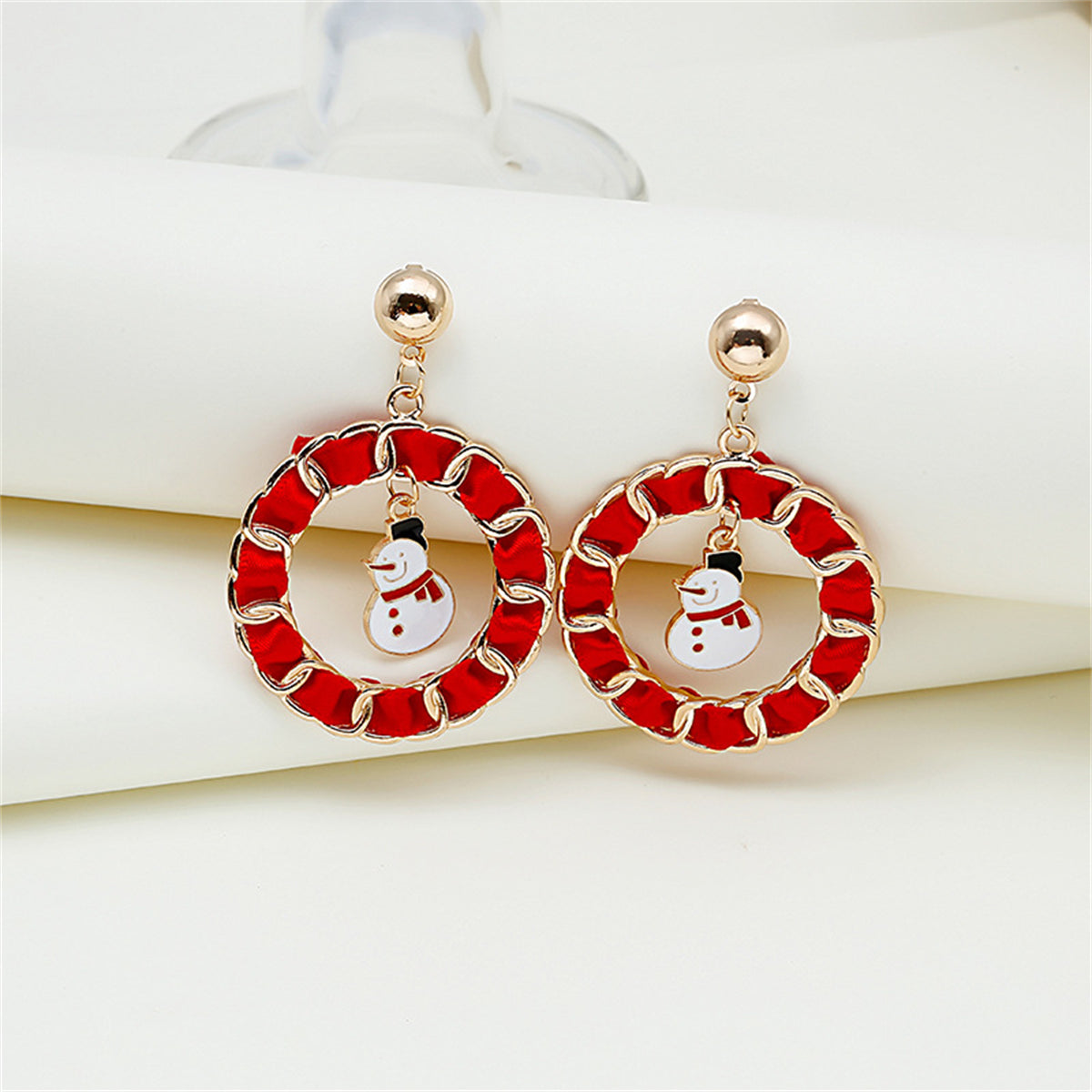 Red Enamel and Polyster 18K Gold-Plated Snowman Curb Chain Circle Drop Earrings, gold drop earrings for women, side view