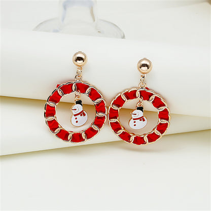 Red Enamel and Polyster 18K Gold-Plated Snowman Curb Chain Circle Drop Earrings, gold drop earrings for women, side view