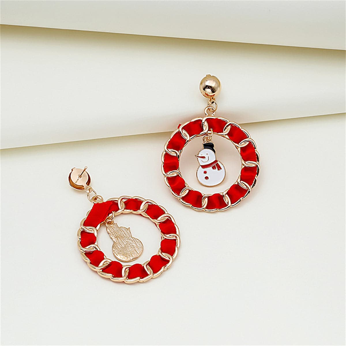 Red Enamel and Polyster 18K Gold-Plated Snowman Curb Chain Circle Drop Earrings, gold drop earrings for women, front view