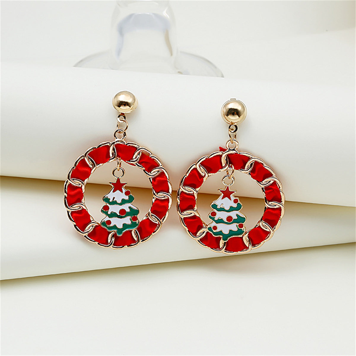 Red Enamel and Polyster 18K Gold-Plated Christmas Tree Curb Chain Circle Drop Earrings, gold drop earrings..., front view