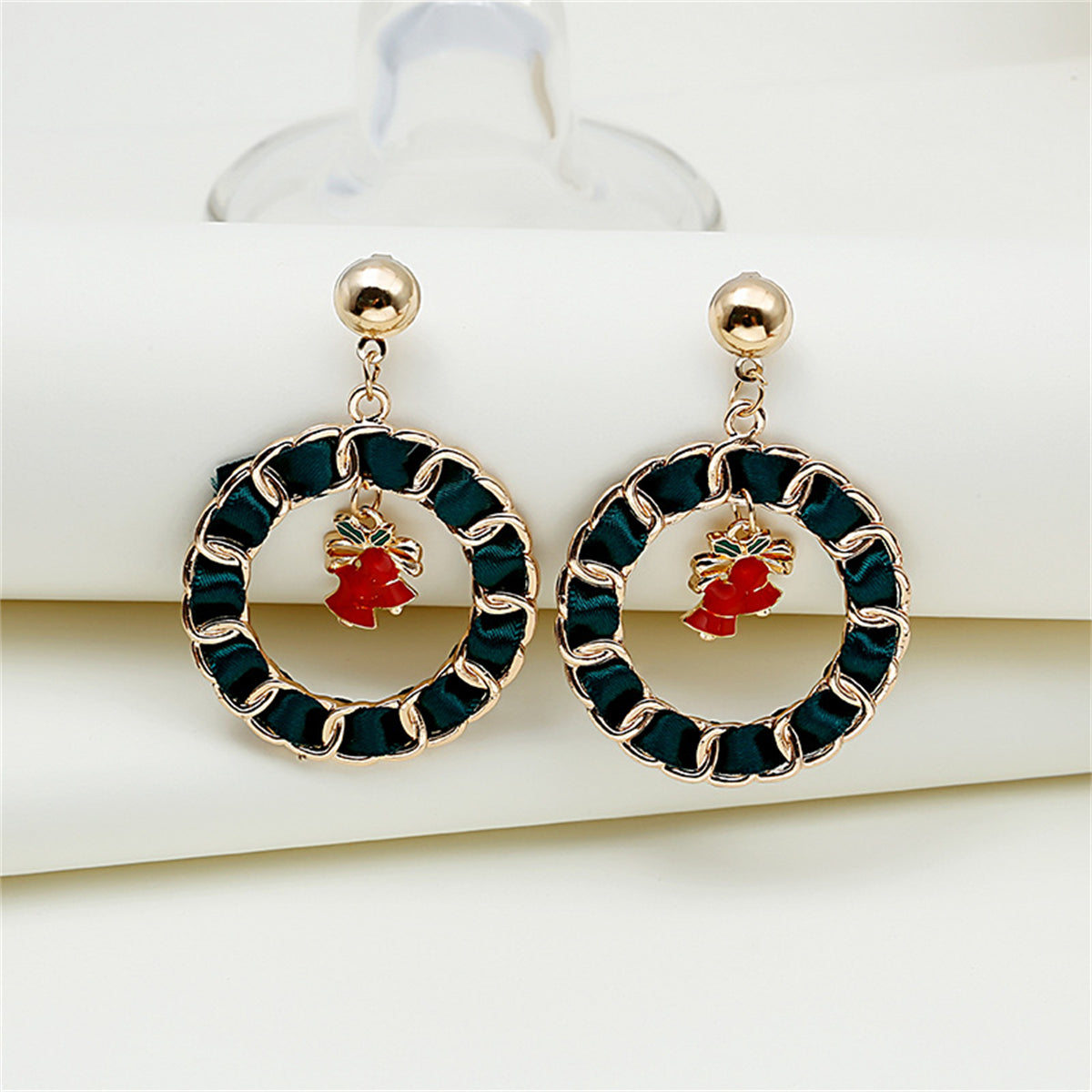 Red Enamel and Polyster 18K Gold-Plated Bell Drop Earrings, gold drop earrings for women, front view