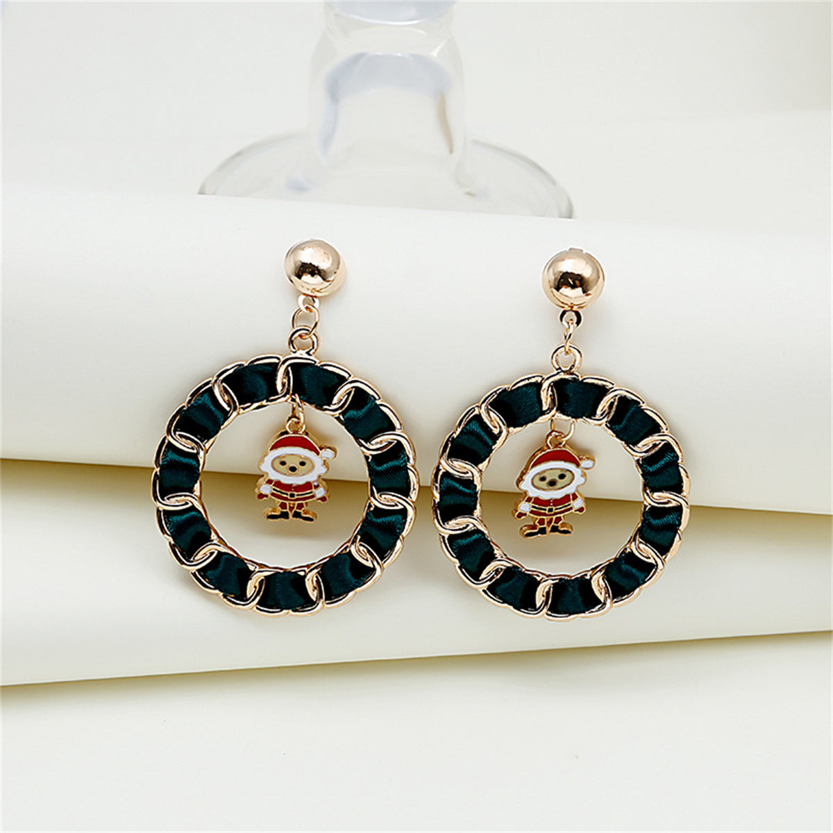 Red Enamel and Polyster 18K Gold-Plated Santa Curb Chain Circle Drop Earrings, gold drop earrings for women, front view