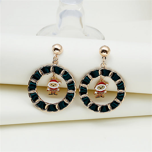 Red Enamel and Polyster 18K Gold-Plated Santa Curb Chain Circle Drop Earrings, gold drop earrings for women, front view