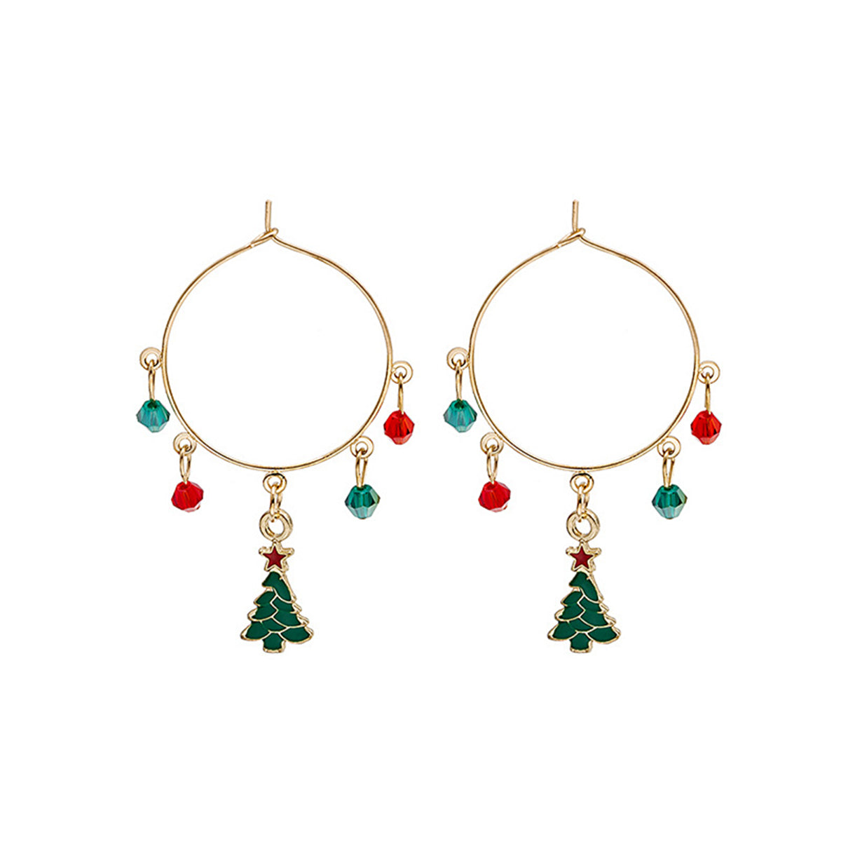Red Acrylic and Enamel 18K Gold-Plated Christmas Tree Huggie Earrings, gold huggie earrings, side view
