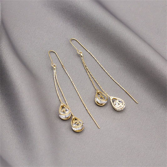 Cubic Zirconia and 18K Gold-Plated '1314' Forever Teardrop Ear Threaders, gold drop earrings for women, front view