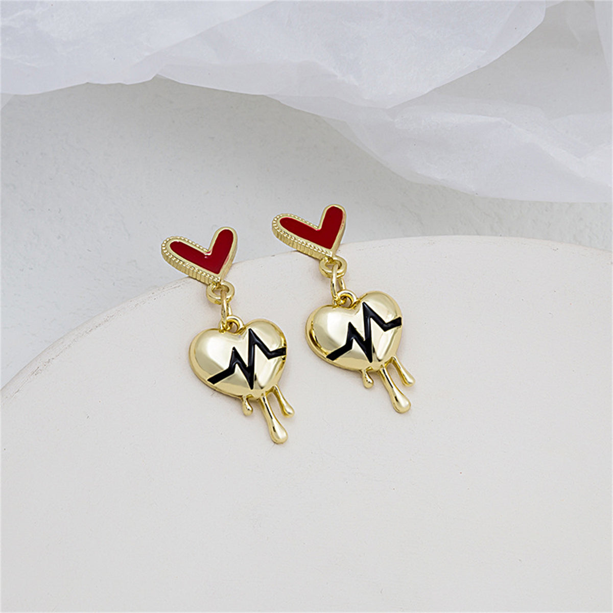 Red Enamel and 18K Gold-Plated Heartbeat Drop Earrings, gold drop earrings for women, elegant gift for her, front view