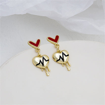 Red Enamel and 18K Gold-Plated Heartbeat Drop Earrings, gold drop earrings for women, elegant gift for her, front view