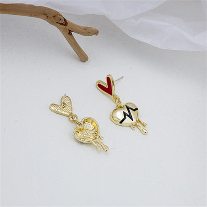 Red Enamel and 18K Gold-Plated Heartbeat Drop Earrings, gold drop earrings for women, elegant gift for her, detail close-up