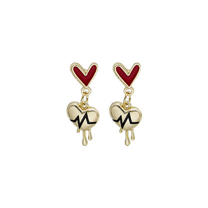 Red Enamel and 18K Gold-Plated Heartbeat Drop Earrings, gold drop earrings for women, elegant gift for her, side view