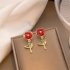 Pearl & Red Enamel 18K Gold-Plated Rose Drop Earrings