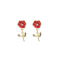 Pearl & Red Enamel 18K Gold-Plated Rose Drop Earrings
