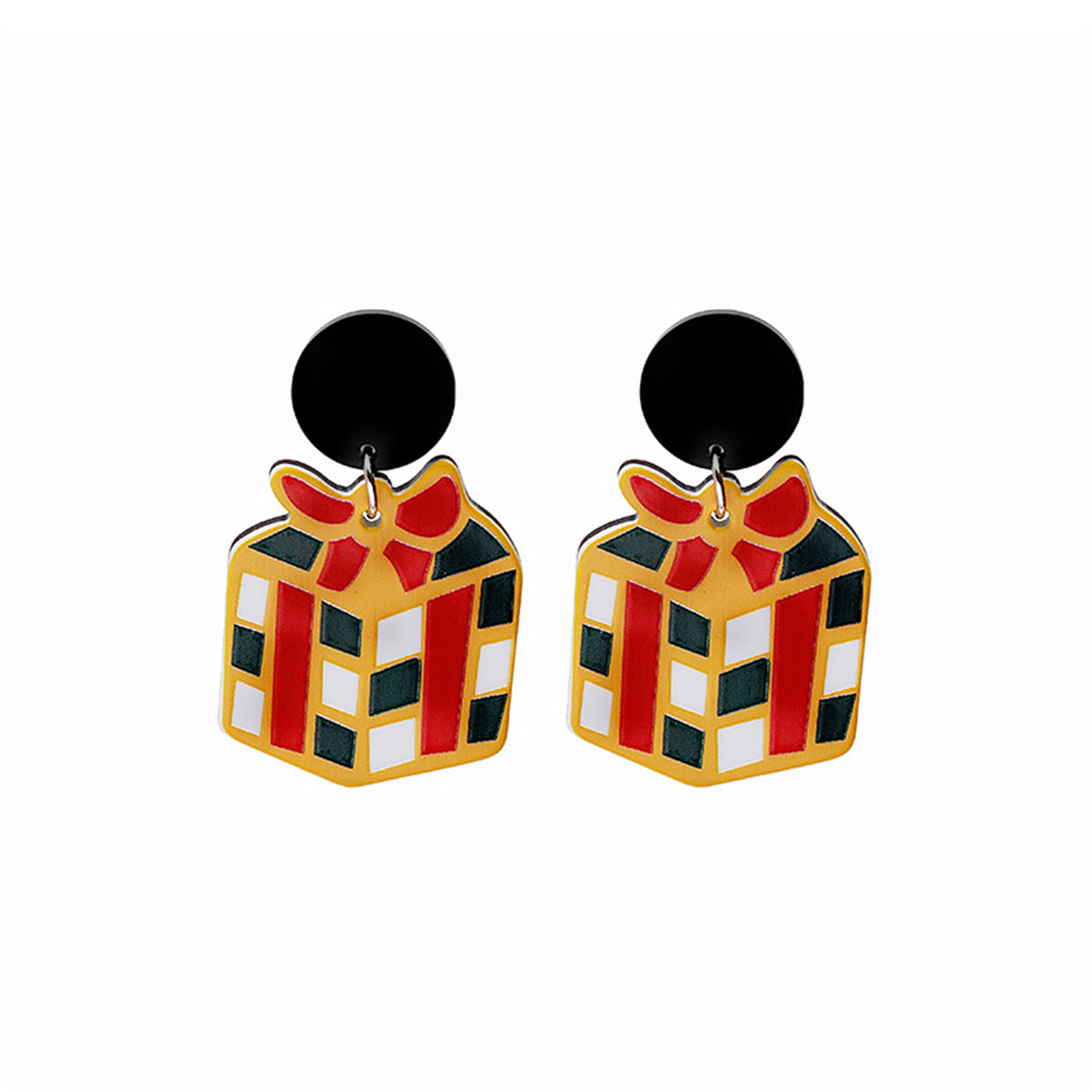 Red and Yellow Gift Box Drop Earrings, drop earrings for women, vintage-inspired design, side view