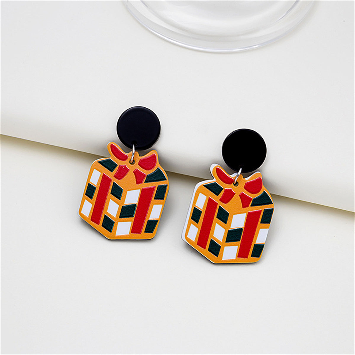 Red and Yellow Gift Box Drop Earrings, drop earrings for women, vintage-inspired design, front view