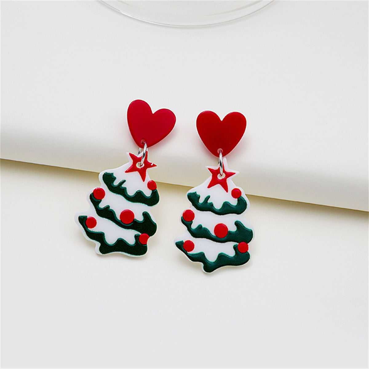 Red and White Heart Christmas Tree Drop Earrings, drop earrings for women, dainty minimalist design, front view