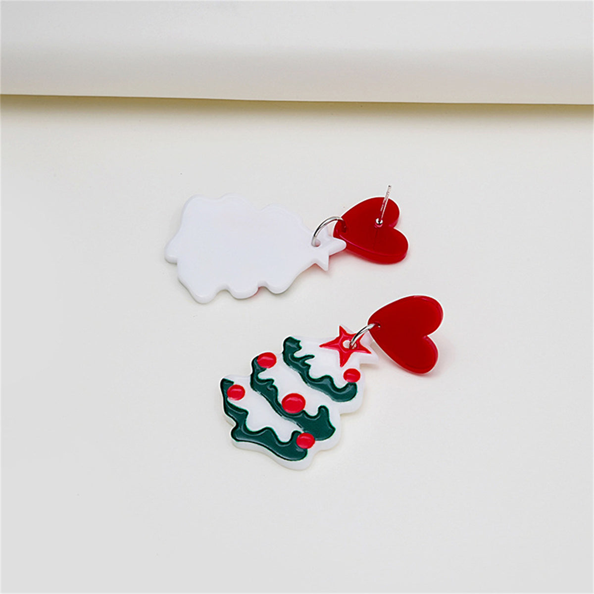 Red and White Heart Christmas Tree Drop Earrings, drop earrings for women, dainty minimalist design, side view