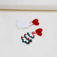 Red & White Heart Christmas Tree Drop Earrings