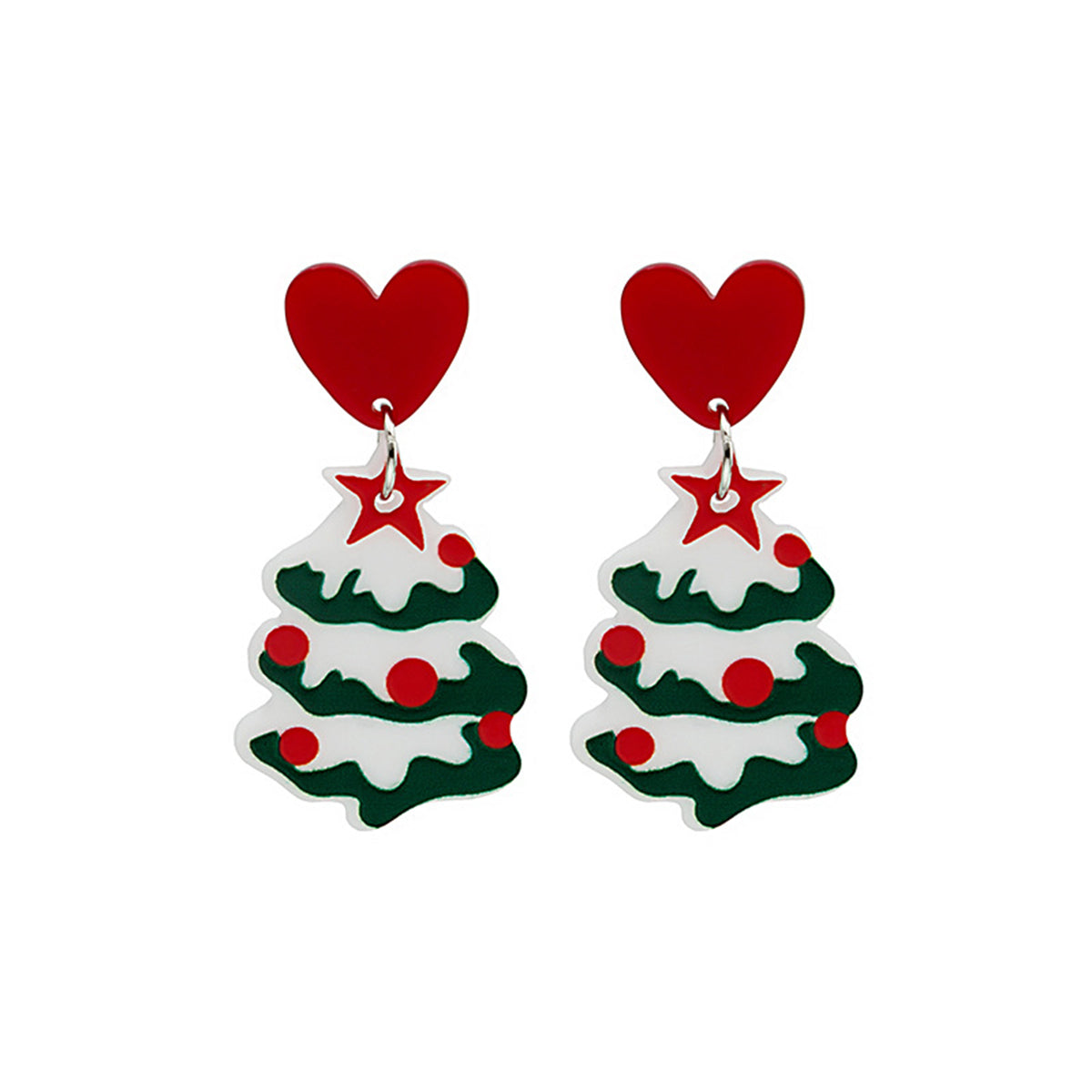 Red and White Heart Christmas Tree Drop Earrings, drop earrings for women, dainty minimalist design, detail close-up