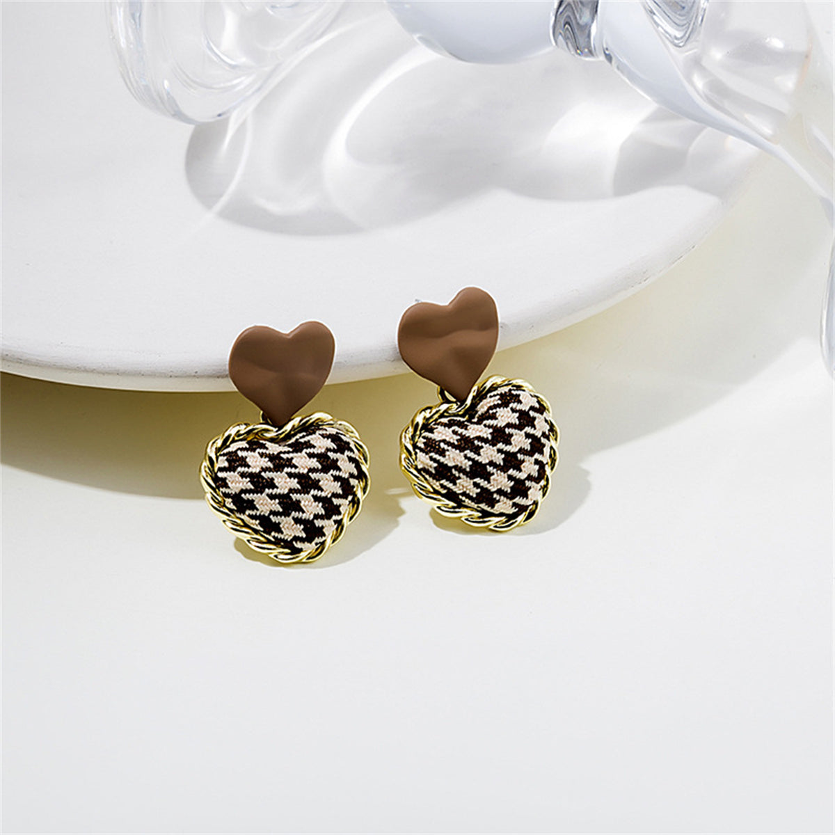 Brown Enamel & Polyster 18K Gold-Plated Checkboard Heart Drop Earrings