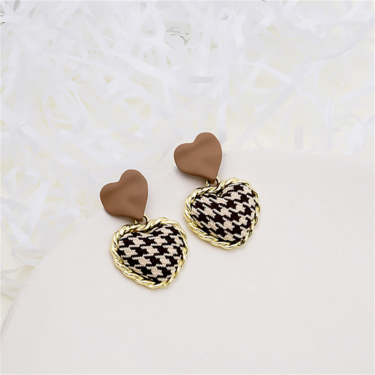 Brown Enamel & Polyster 18K Gold-Plated Checkboard Heart Drop Earrings