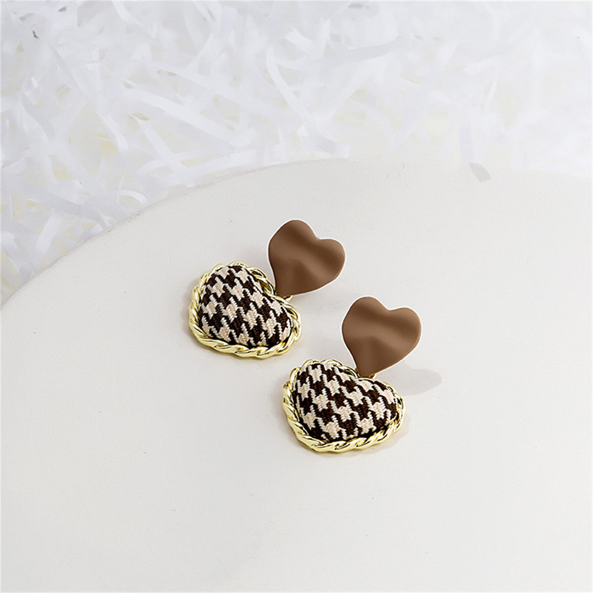 Brown Enamel & Polyster 18K Gold-Plated Checkboard Heart Drop Earrings