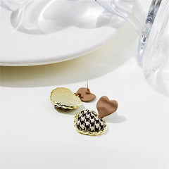 Brown Enamel & Polyster 18K Gold-Plated Checkboard Heart Drop Earrings