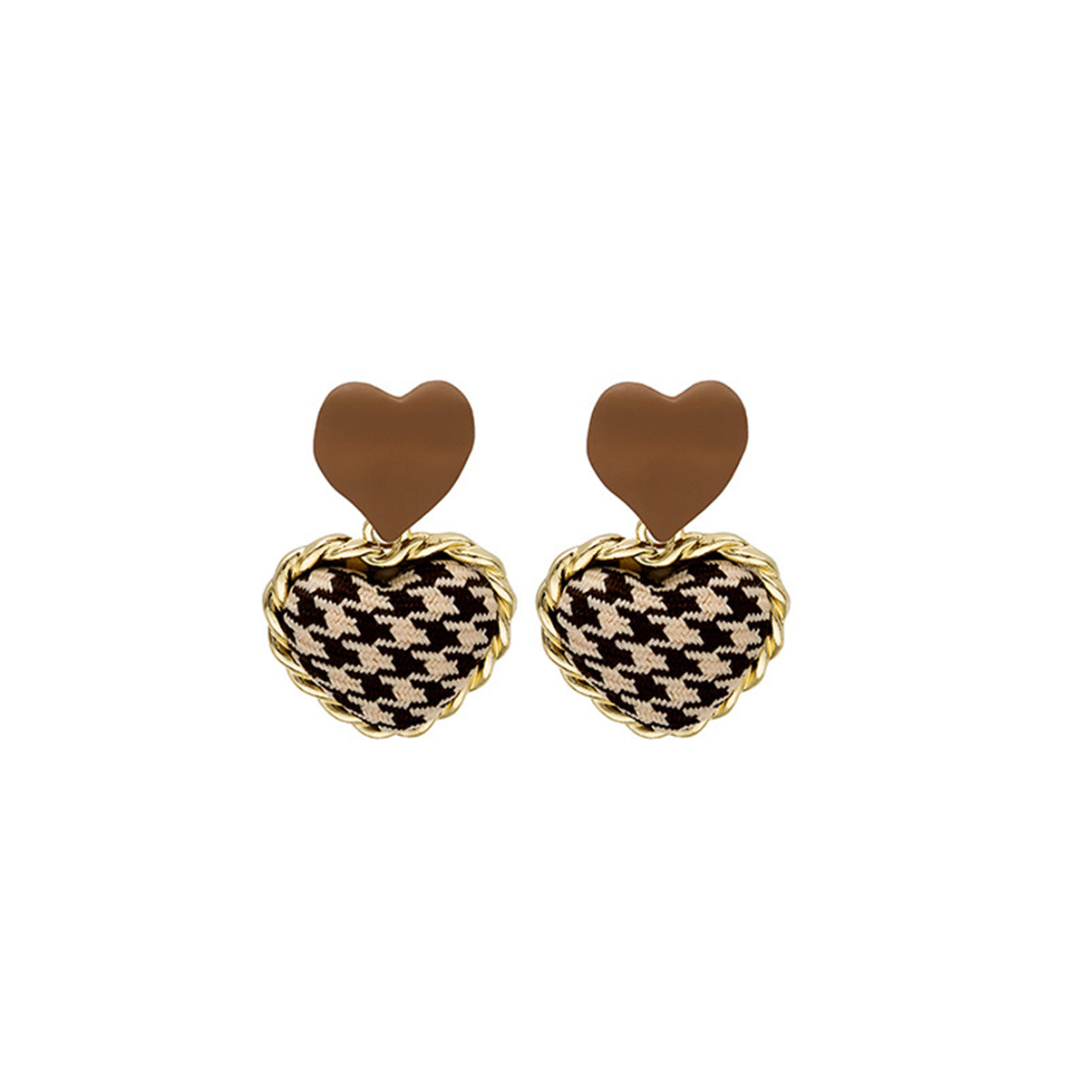 Brown Enamel and Polyster 18K Gold-Plated Checkboard Heart Drop Earrings, gold drop earrings for women, side view