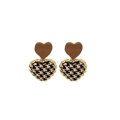 Brown Enamel and Polyster 18K Gold-Plated Checkboard Heart Drop Earrings, gold drop earrings for women, side view
