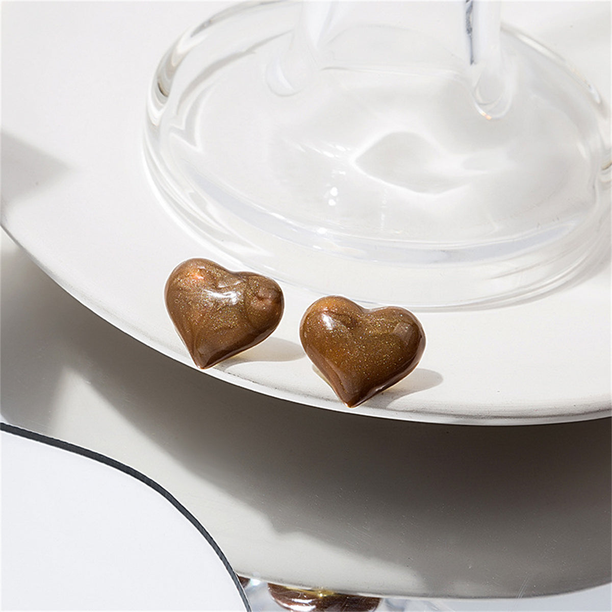 Brown Enamel and 18K Gold-Plated Heart Stud Earrings, gold stud earrings for women, botanical inspired, front view