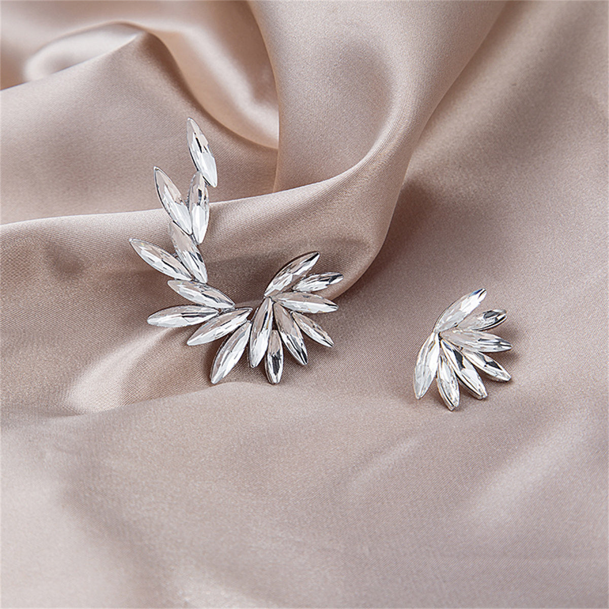 Crystal and Silver-Plated Wing Leaf Asymmetrical Stud Earrings, silver stud earrings for women, front view