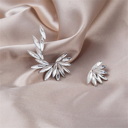 Crystal and Silver-Plated Wing Leaf Asymmetrical Stud Earrings, silver stud earrings for women, front view