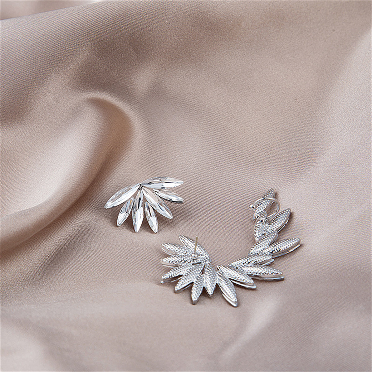 Crystal and Silver-Plated Wing Leaf Asymmetrical Stud Earrings, silver stud earrings for women, lifestyle look
