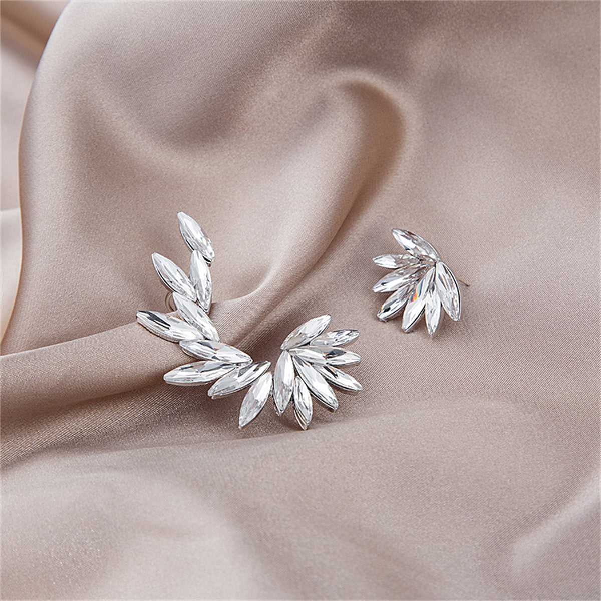 Crystal and Silver-Plated Wing Leaf Asymmetrical Stud Earrings, silver stud earrings for women, side view