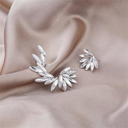 Crystal and Silver-Plated Wing Leaf Asymmetrical Stud Earrings, silver stud earrings for women, side view