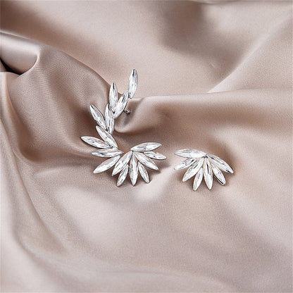 Crystal and Silver-Plated Wing Leaf Asymmetrical Stud Earrings, silver stud earrings for women, detail close-up