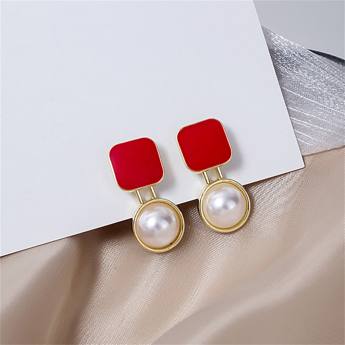 Red Enamel and Pearl 18K Gold-Plated Square Ball Drop Earrings, gold drop earrings for women, everyday style, front view