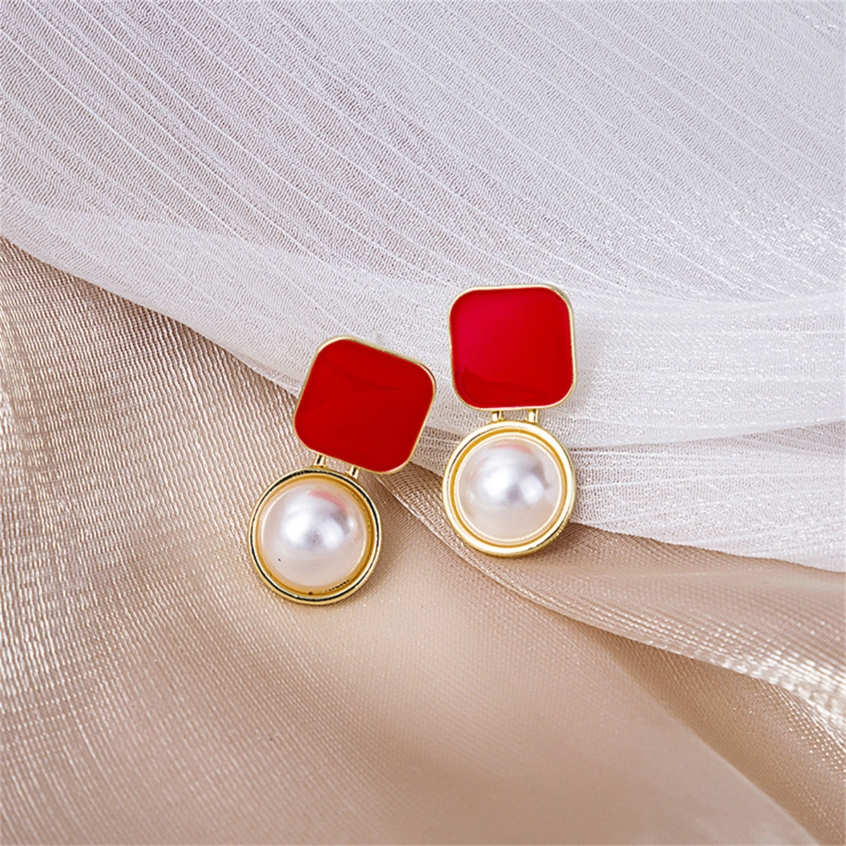 Red Enamel and Pearl 18K Gold-Plated Square Ball Drop Earrings, gold drop earrings for women, everyday style, side view