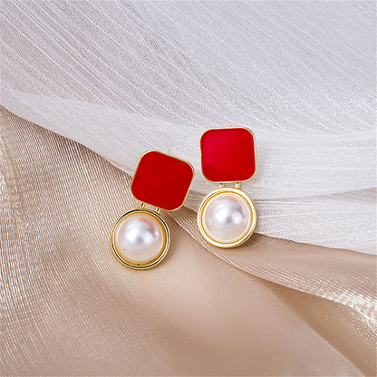 Red Enamel and Pearl 18K Gold-Plated Square Ball Drop Earrings, gold drop earrings for women, everyday style, side view