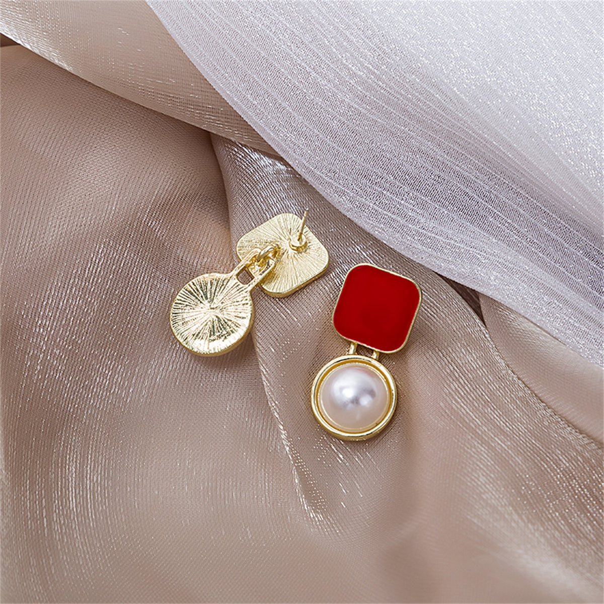 Red Enamel and Pearl 18K Gold-Plated Square Ball Drop Earrings, gold drop earrings for women, everyday style, lifestyle look