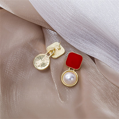 Red Enamel and Pearl 18K Gold-Plated Square Ball Drop Earrings, gold drop earrings for women, everyday style, lifestyle look